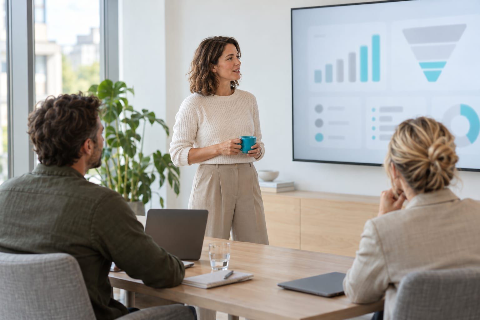 A woman holding a teal mug stands by a wall screen with bar and funnel charts, talking to two seated colleagues who watch the screen.